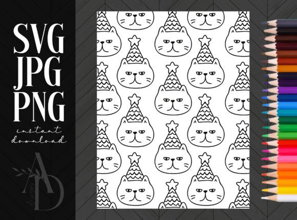 Cat Star Party Hats Coloring Page for Embroidery