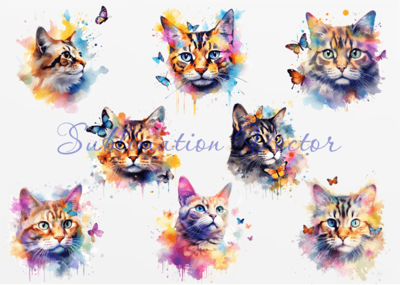 Cat Watercolor with Butterfly Art PNG
