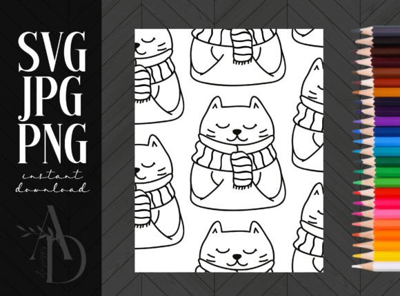Coloring Page Large Cat Scarf KDP Review for Embroidery Projects