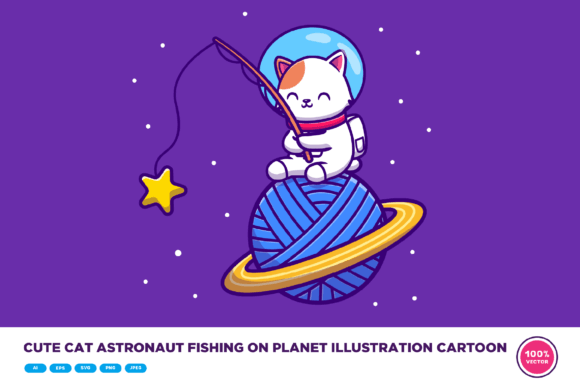 Cute Cat Astronaut Fishing on Planet