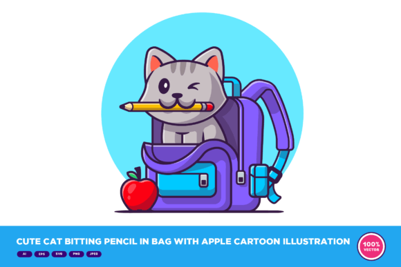 Cute Cat Biting Pencil in Bag Cartoon Review
