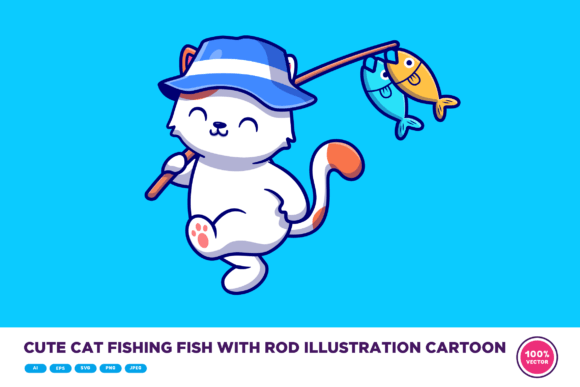 Cute Cat Fishing with Rod Cartoon Review