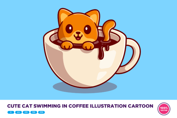 Cute Cat Swimming in Coffee Illustration Review