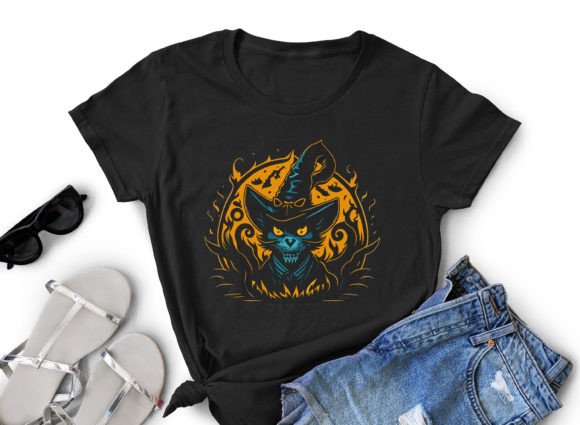 Halloween Cat Witch Hat T-Shirt Design