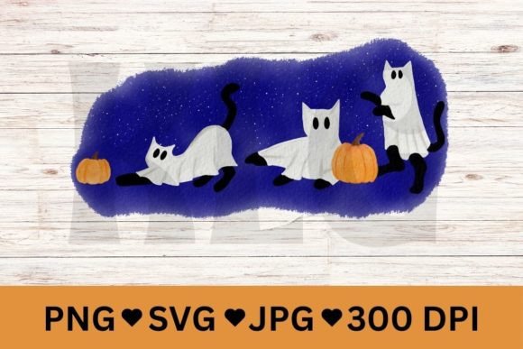Watercolor Halloween Cat Ghosts Graphic Review